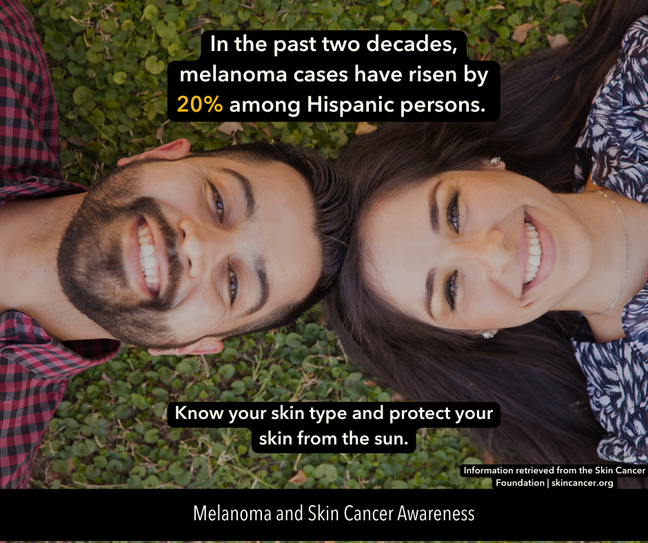 Image of Hispanic man and woman laying down on grass smiling up. Text reads: In the past two decades, melanoma cases have risen by 20% among Hispanic persons. Know your skin type and protect your skin from the sun. 