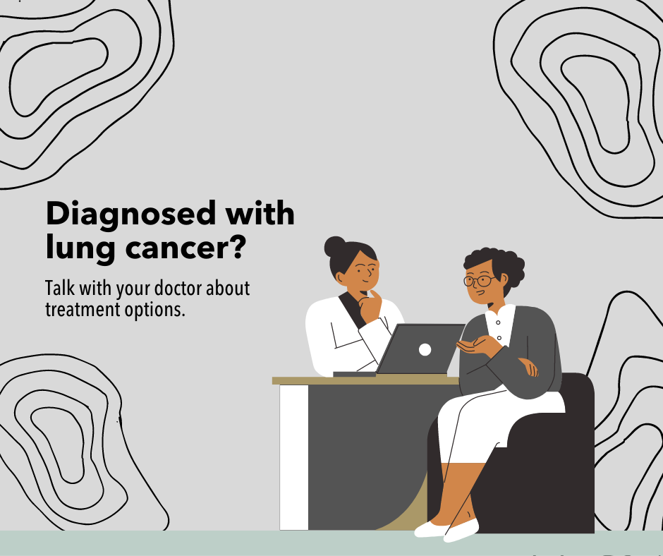 Image of a doctor and a patient talking at a desk. Text reads: Diagnosed with lung cancer? Talk with your doctor about treatment options. 
