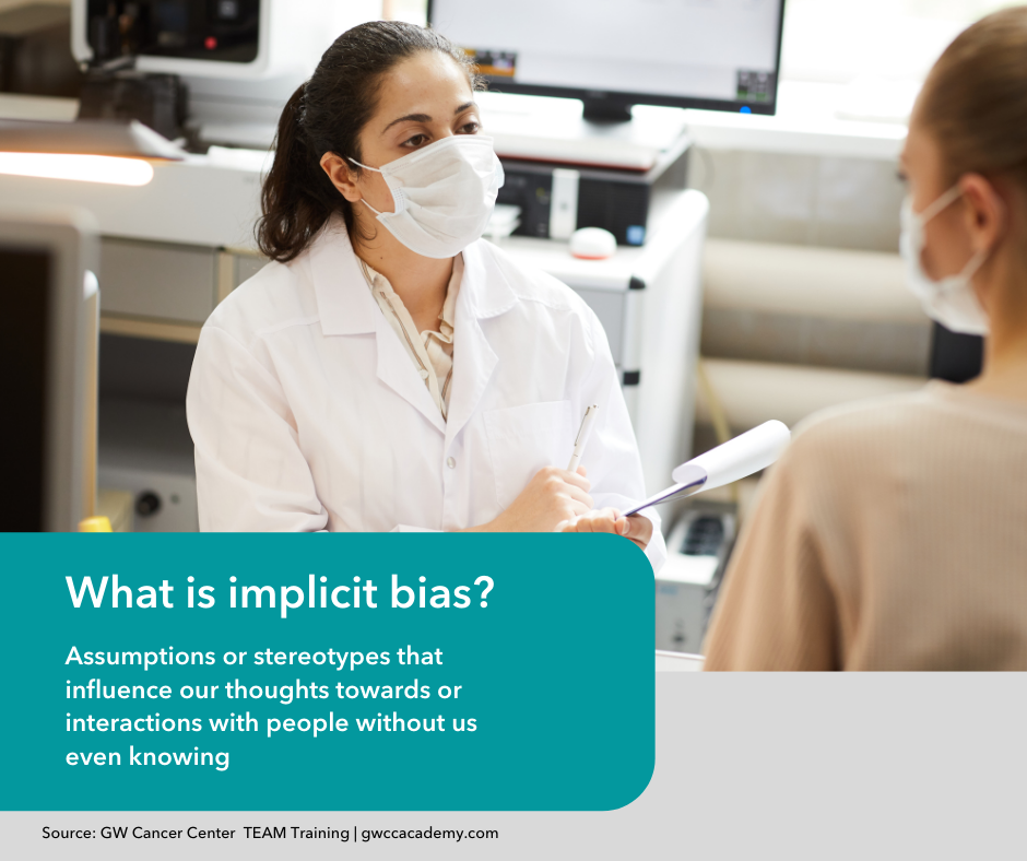 Image of doctor talking to patient. Text overlay defines implicit bias