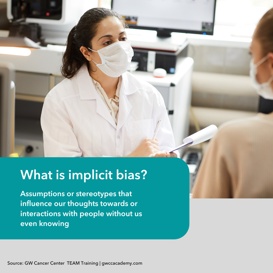 Image of doctor talking to patient. Text overlay defines implicit bias