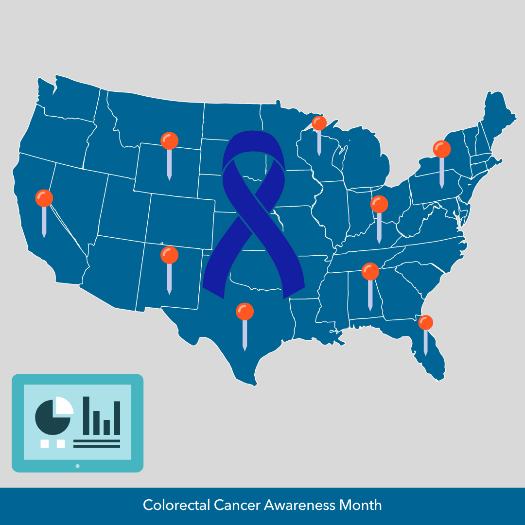 Image of U.S. map with different pin points. There's an overlay image of colorectal cancer ribbon and image of data