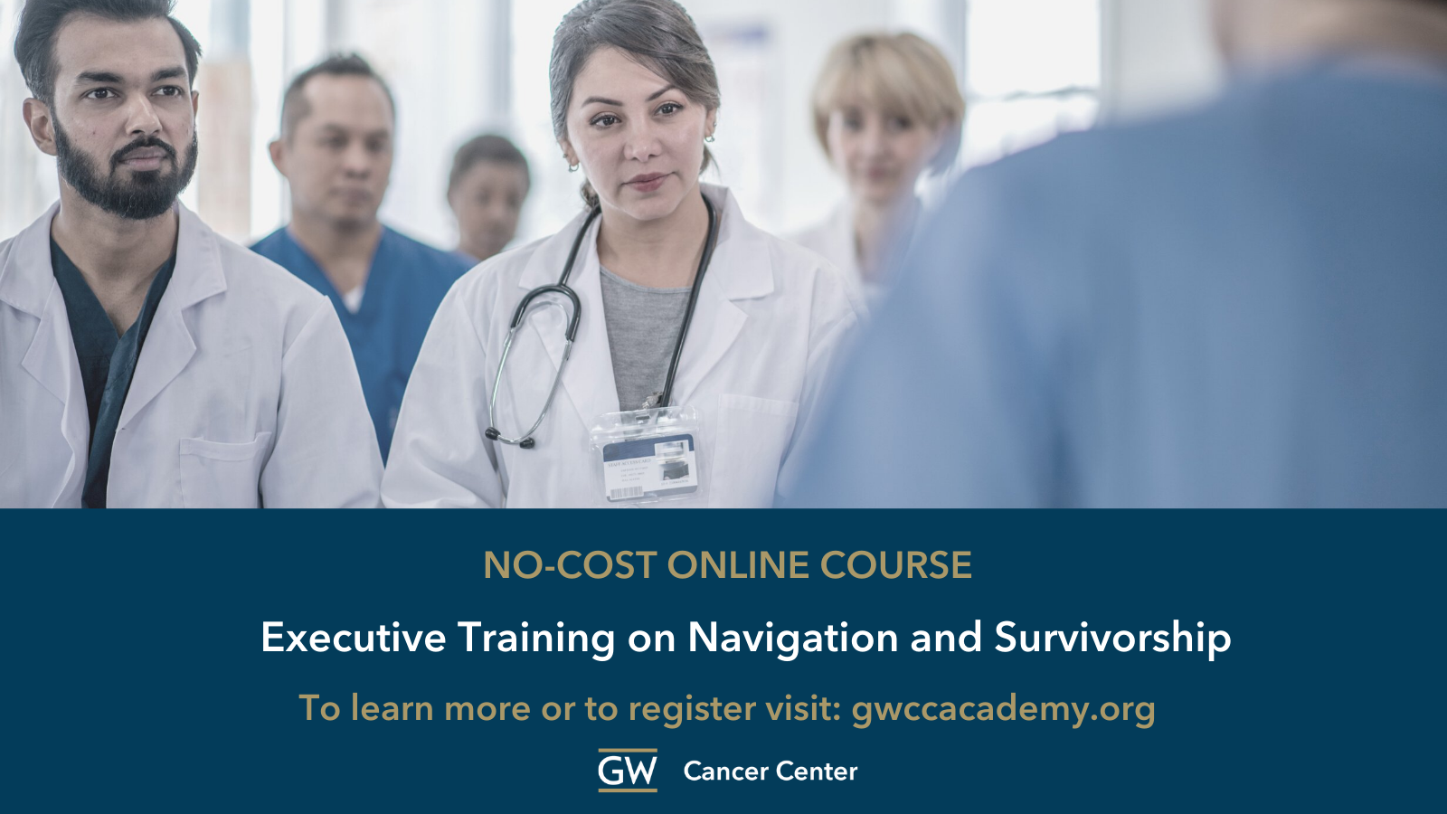 Image of clinicians participating in a briefing. Text below reads Executive Training on Navigation and Survivorship