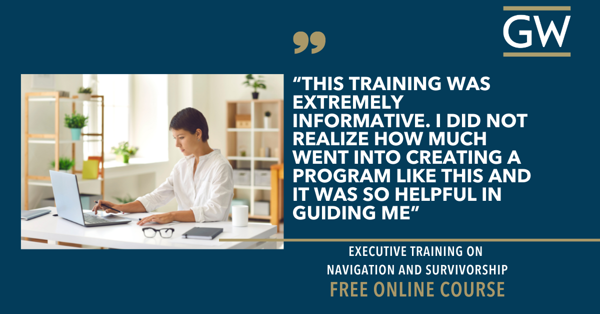 Image of woman working in front of laptop. Quote next to image reads "This training was extremely informative. I did not realize how much went into creating a program like this and it was so helpful in guiding me"