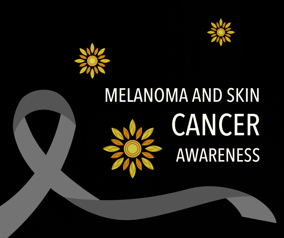 Image of black cancer ribbon and small sun stars on black background. Text reads Melanoma and Skin Cancer Awareness
