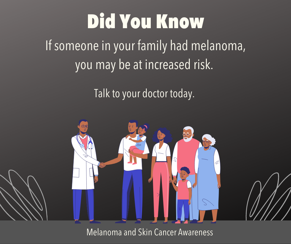 Image of Black family talking with Black male doctor. Text reads Did you know, if someone in your family had melanoma, you may be at increased risk. Talk to your doctor today. 