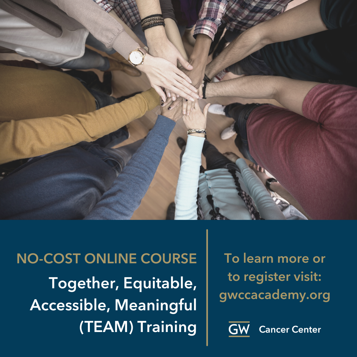 Team huddle with group of hands. Text below reads "Together, Equitable, Accessible, Meaningful (TEAM) Training"