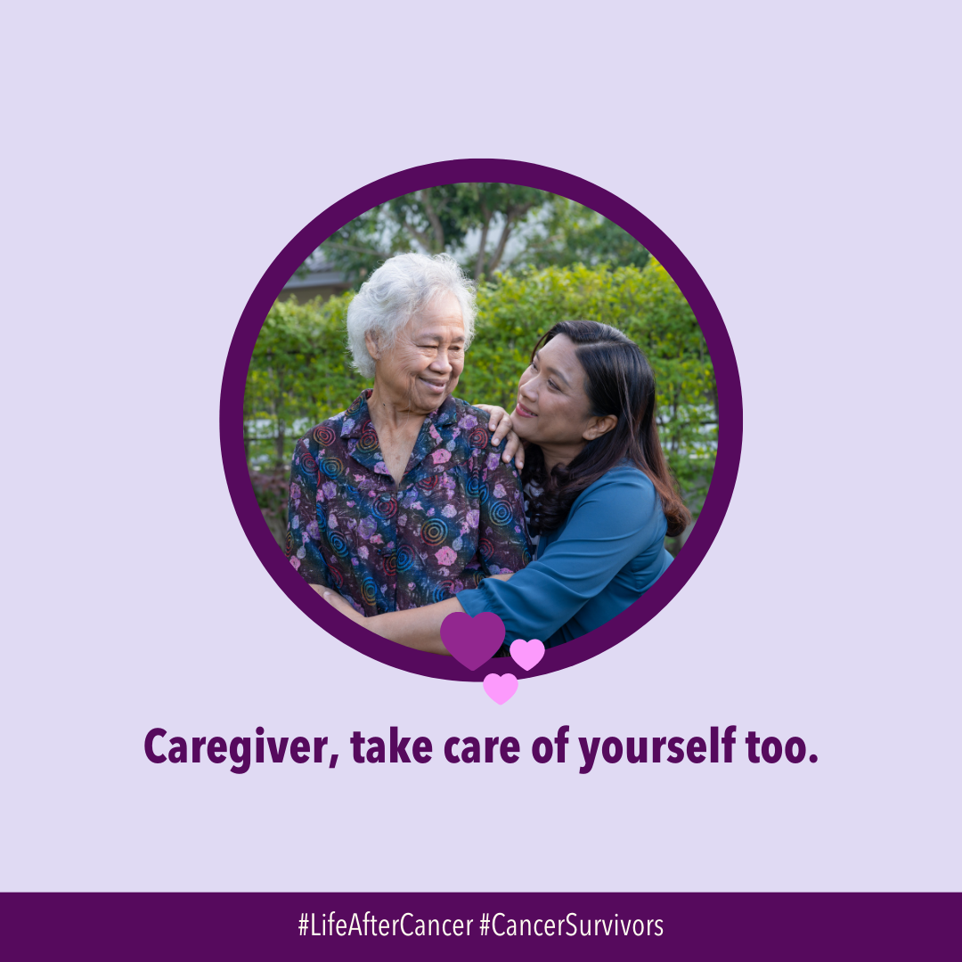 Image of caregiver with patient in a purple circle on a lavender background. Text below reads: Caregiver, take care of yourself too. 