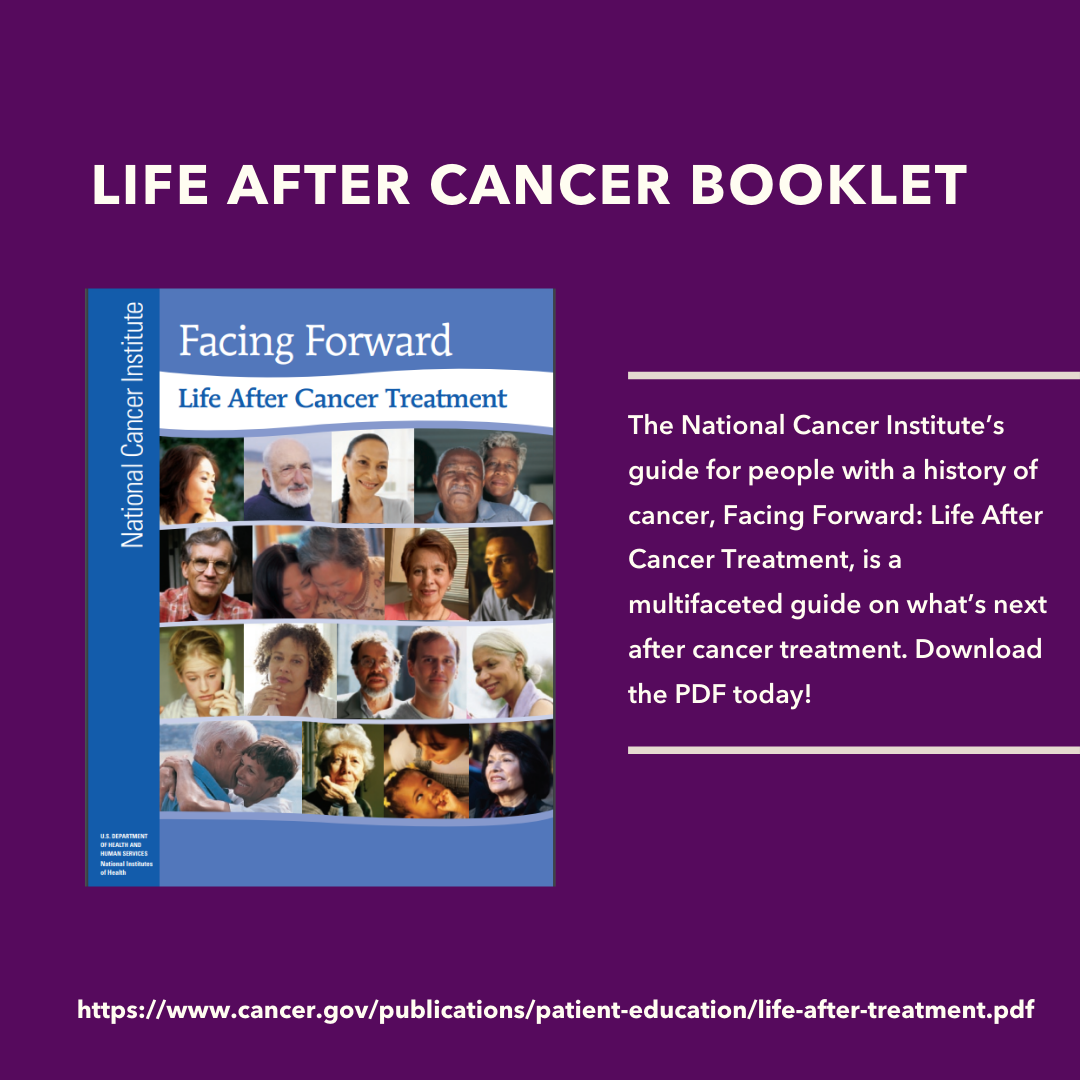 Image of Life After Cancer booklet on a dark purple background, with text description on the right. 