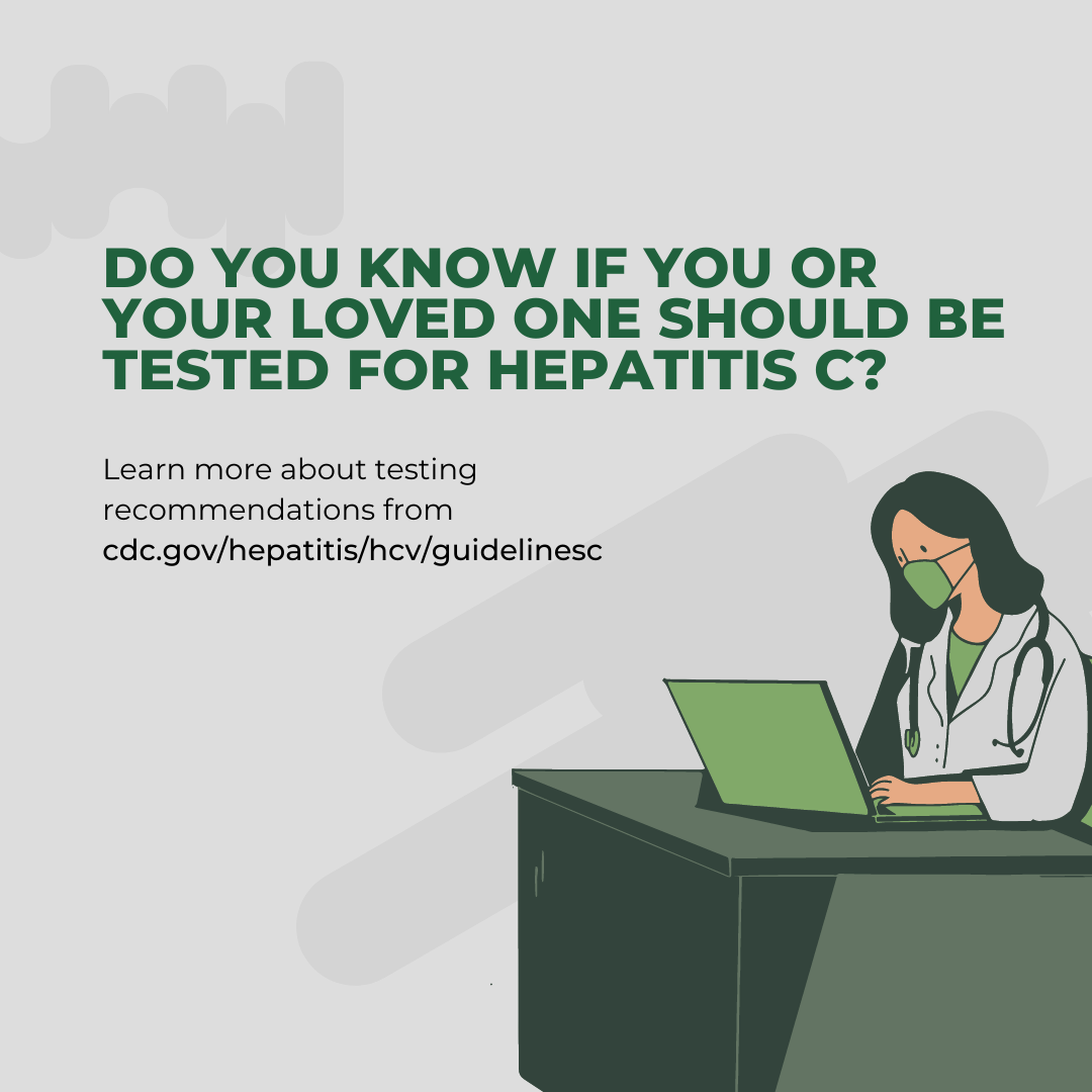 Image of female doctor sitting at her desk with text above reading: Do you know if you or your loved one should be tested for hepatitis C? 