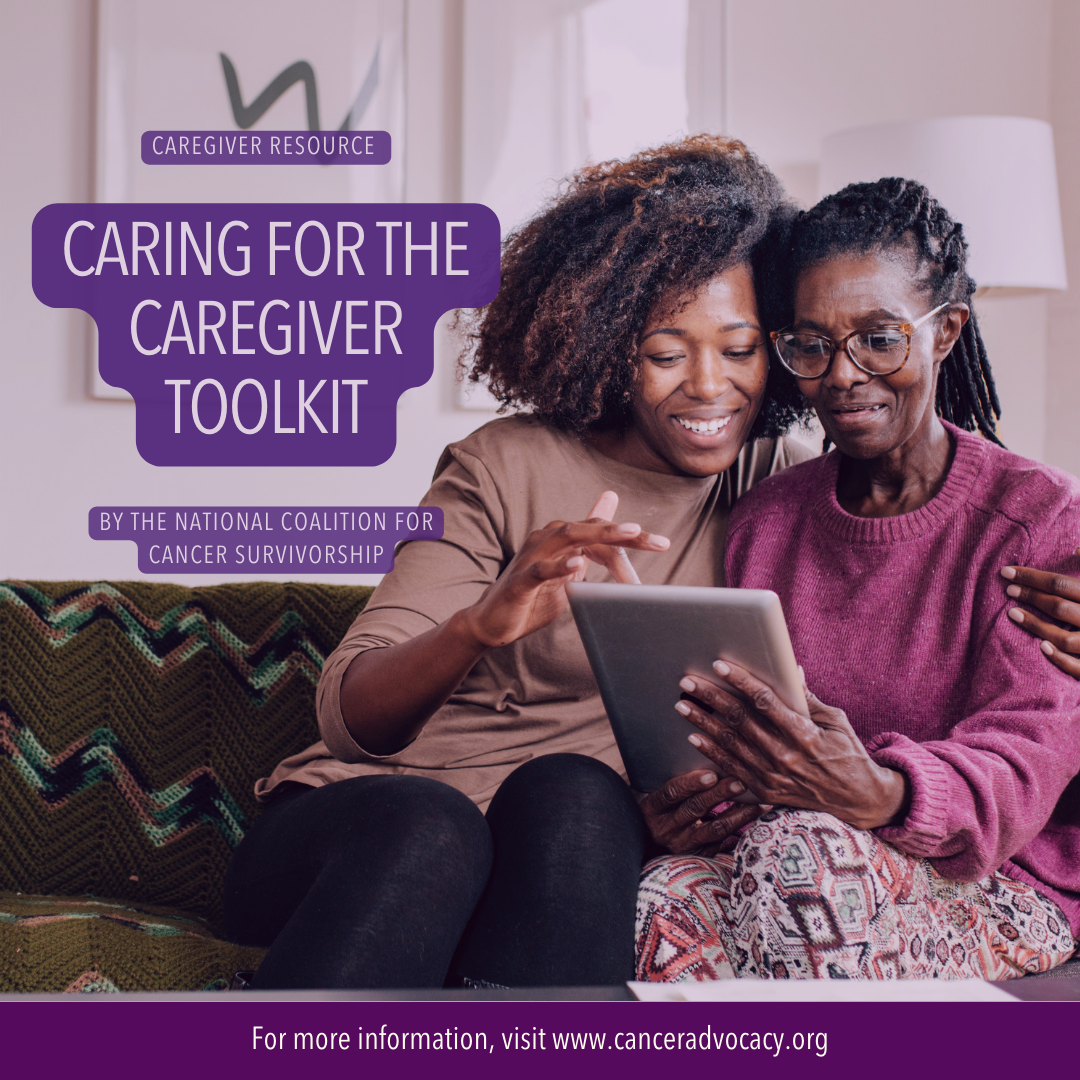 Image of female caregiver and patient sitting on the couch reading from a tablet. Text overlay reads: Caring for the Caregiver Toolkit