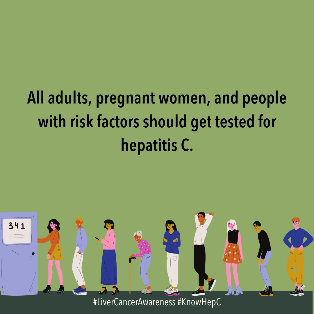 Group of people waiting in line. Text above reads: All adults, pregnant women, and people with risk factors should get tested for hepatitis C. 