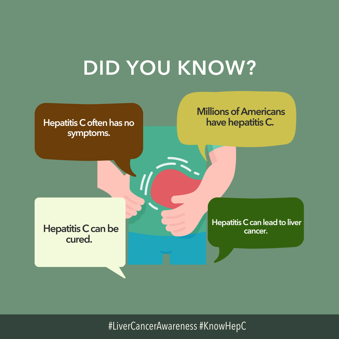 Graphic diagram of comment bubbles with facts related to hepatitis C. Bubbles are centered around a person's liver.